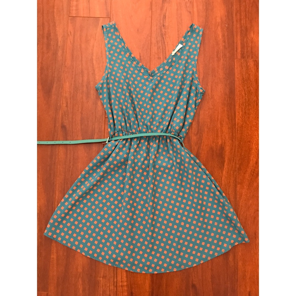 Sleeveless, Teal & Peach, Square Patterned Dress with Detachable Belt - Size S